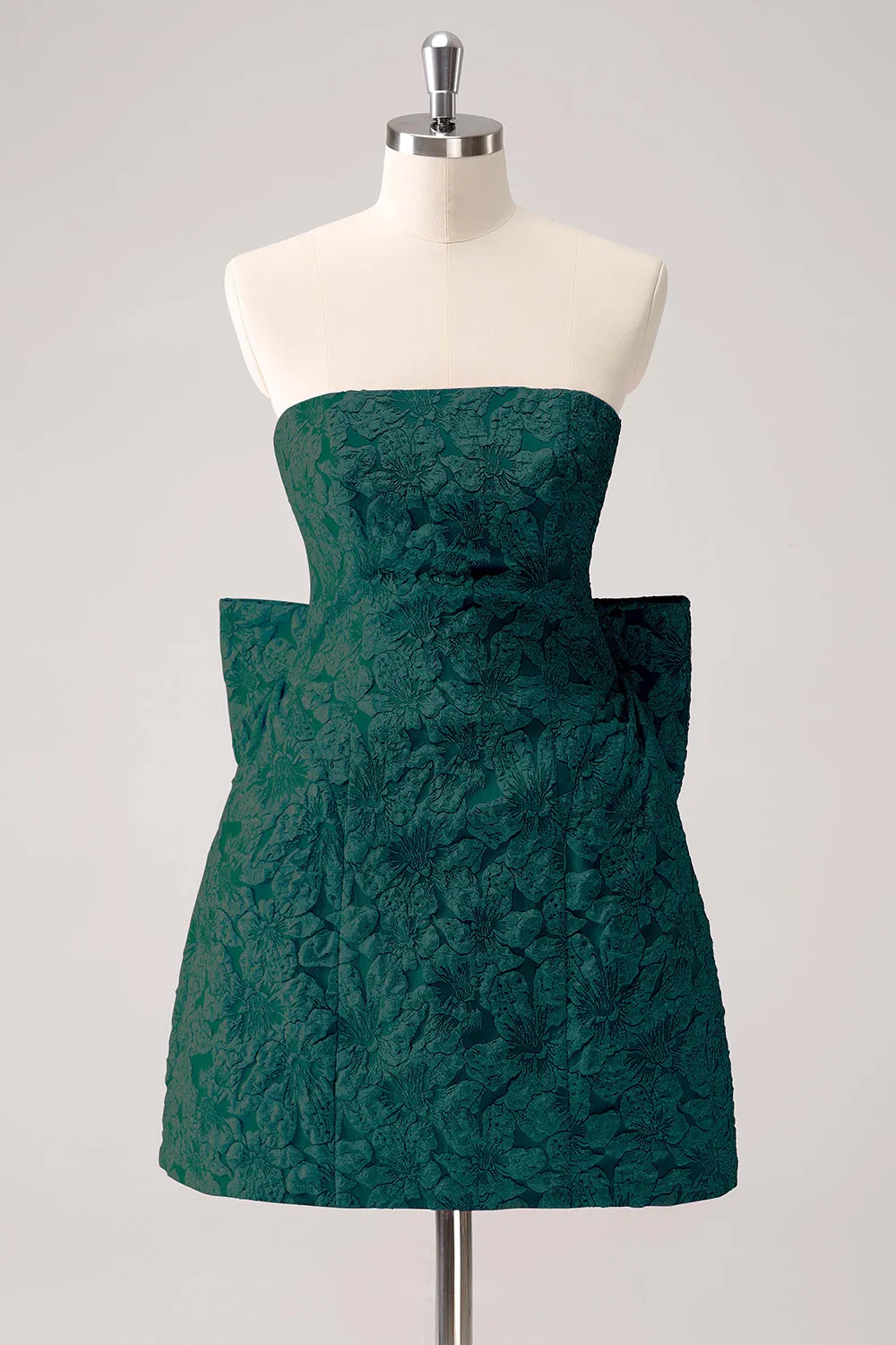 Dark Green A Line Strapless Floral Brocade Short Homecoming Dress with Back Giant Bow sold by Zapaka