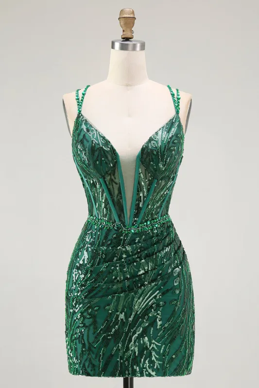 Sparkly Dark Green Bodycon Backless Short Corset Homecoming Dress with Sequins sold by Zapaka