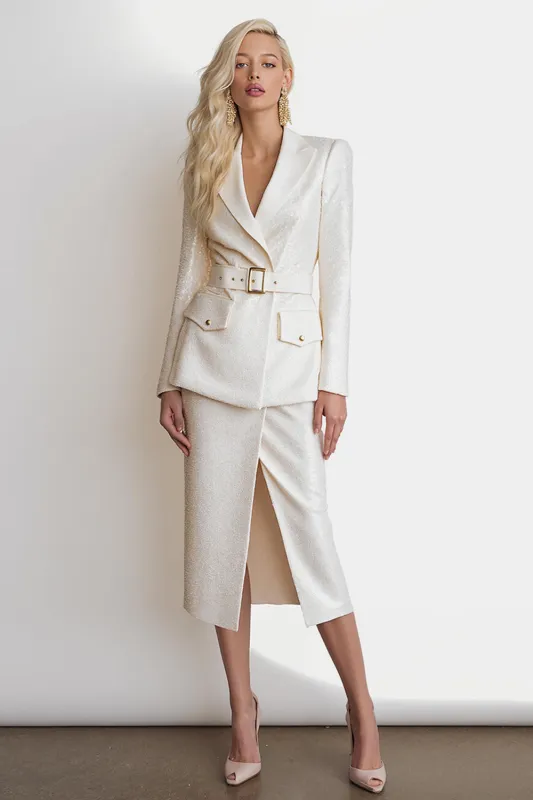 Sparkly Ivory Sequin 2 Piece Midi Work Dress with Slit sold by Zapaka