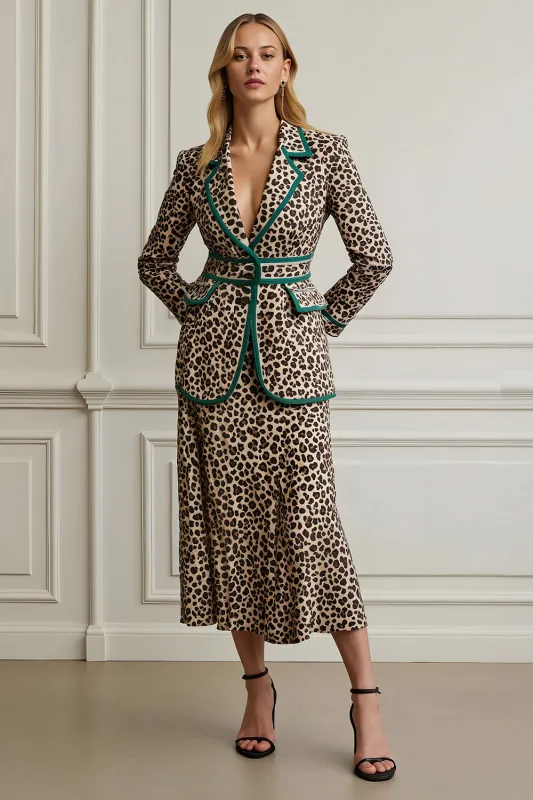 Coffee Leopard Notched Lapel 2 Piece Work Dress sold by Zapaka