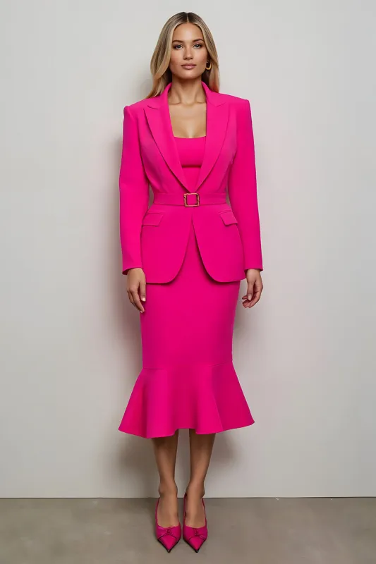 Fuchsia Peak Lapel 2 Piece Mermaid Work Dress with Belt sold by Zapaka