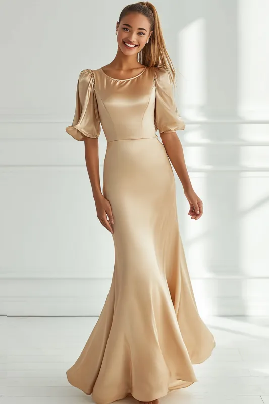 Champagne Mermaid Satin Long Formal Dress with Short Sleeves sold by Zapaka