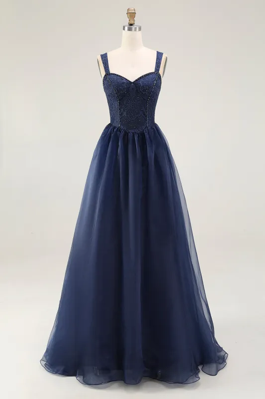 Navy A Line Spaghetti Straps Lace Long Prom Dress with Beading sold by Zapaka