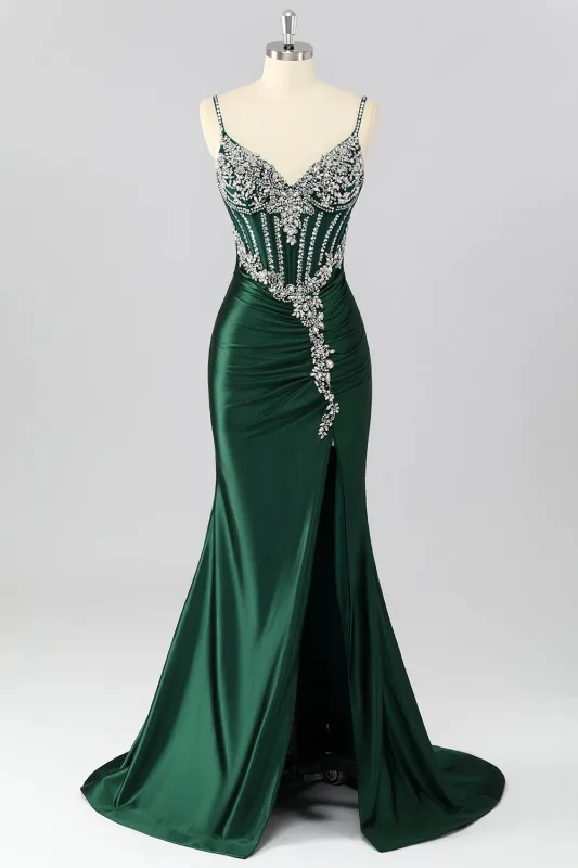 Dark Green Corset Mermaid Long Prom Dress with Rhinestones sold by Zapaka