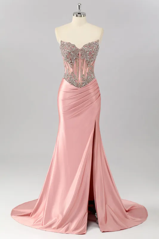 Blush Strapless Corset Mermaid Beaded Prom Dress sold by Zapaka