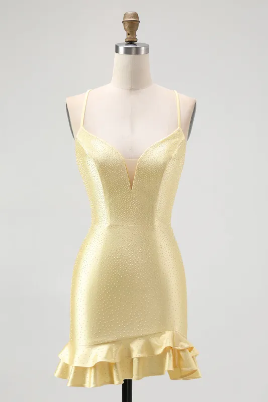 Yellow Beaded Bodycon Ruffled Mini Homecoming Dress sold by Zapaka