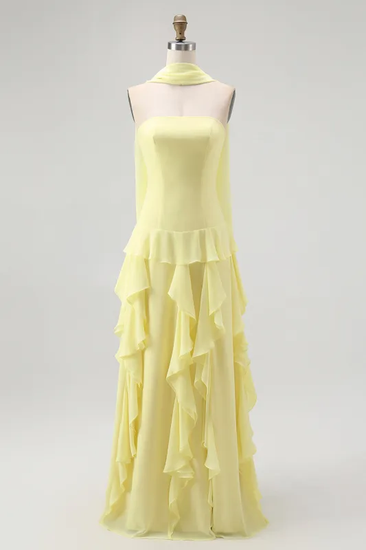 Yellow Ruffled Strapless Long Bridesmaid Dress with Streamer sold by Zapaka