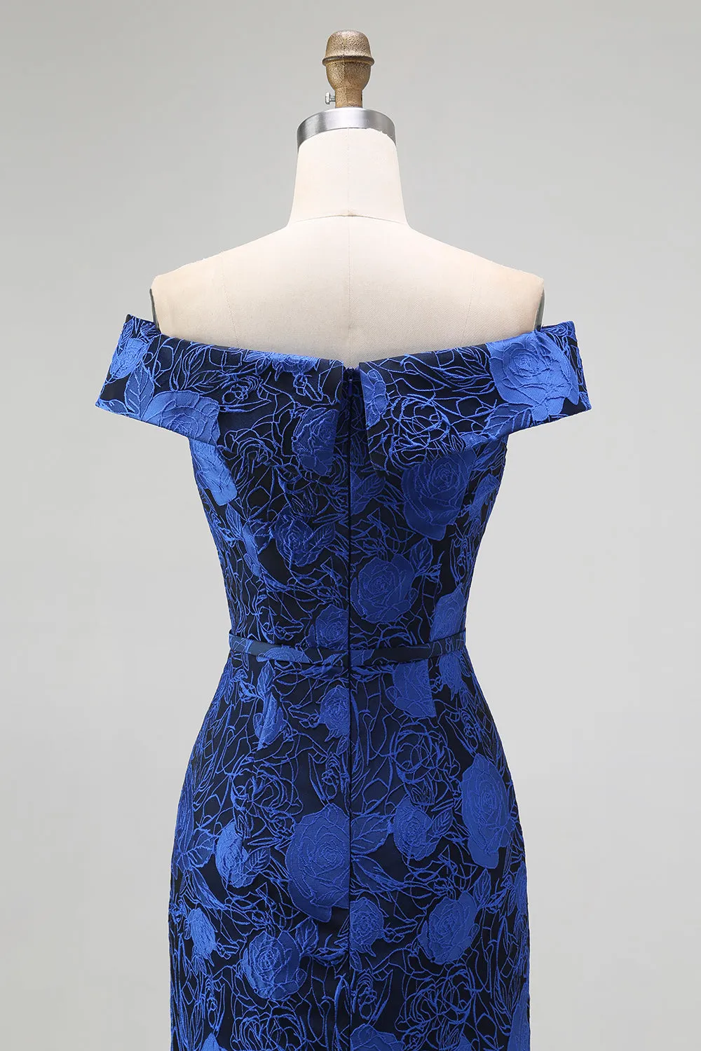 Off the Shoulder Dark Blue Sheath Floral Bridesmaid Dress with Slit sold by Zapaka product image thumbnail 5