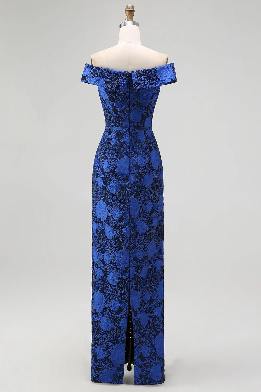 Off the Shoulder Dark Blue Sheath Floral Bridesmaid Dress with Slit sold by Zapaka product image thumbnail 2