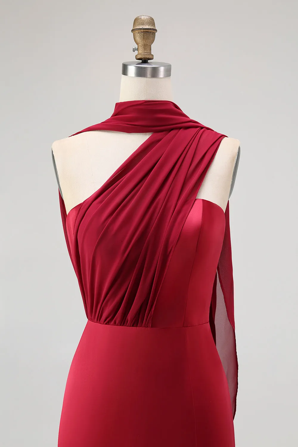 Burgundy One Shoulder Sheath Long Bridesmaid Dress with Streamer sold by Zapaka product image thumbnail 4