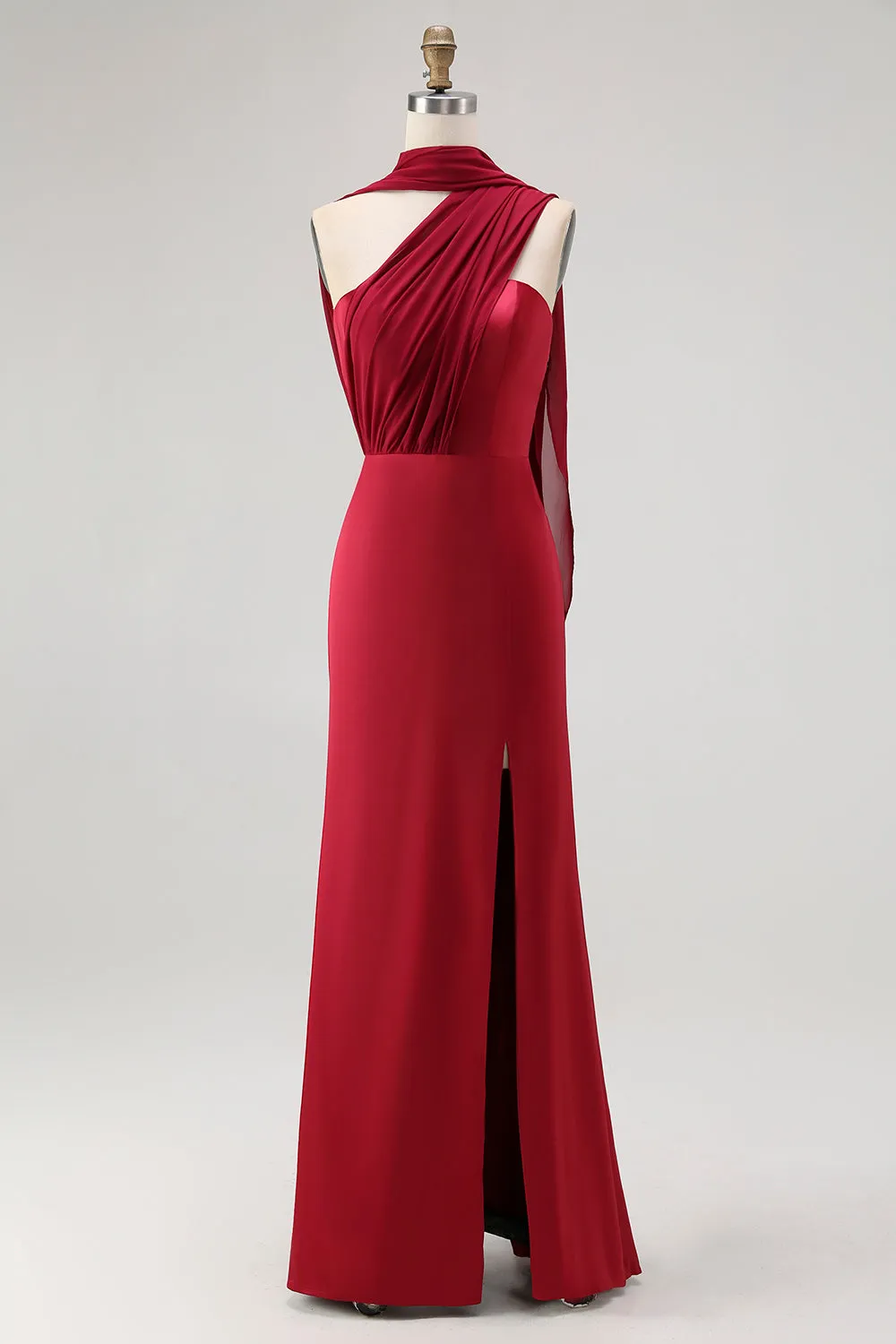 Burgundy One Shoulder Sheath Long Bridesmaid Dress with Streamer sold by Zapaka