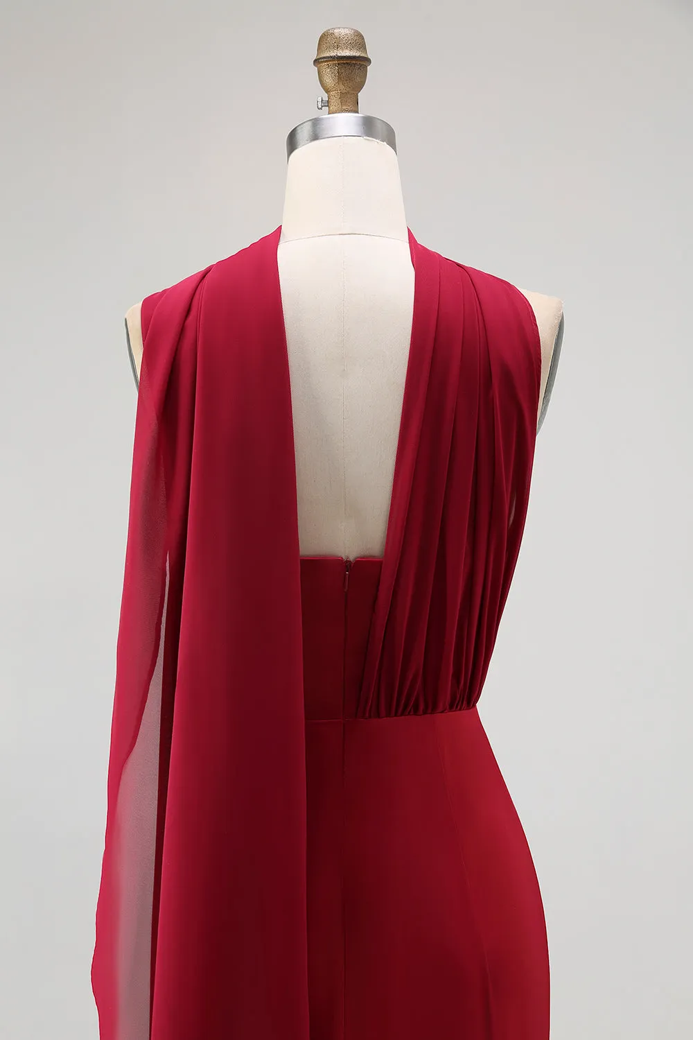 Burgundy One Shoulder Sheath Long Bridesmaid Dress with Streamer sold by Zapaka product image thumbnail 5