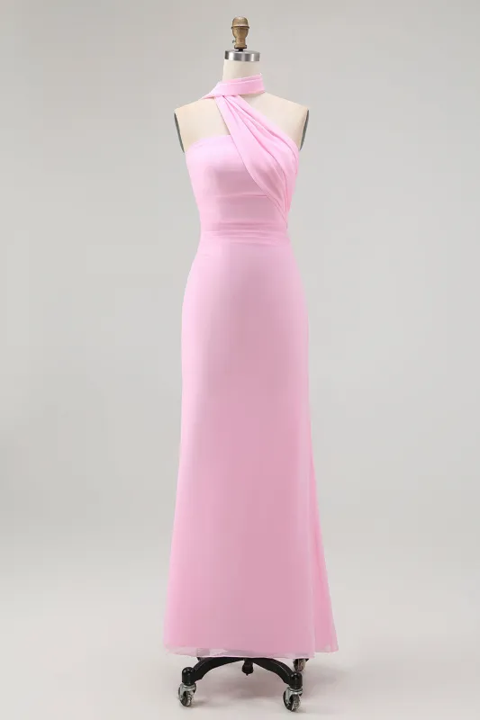 Sheath One Shoulder Blush Long Bridesmaid Dress with Streamer sold by Zapaka