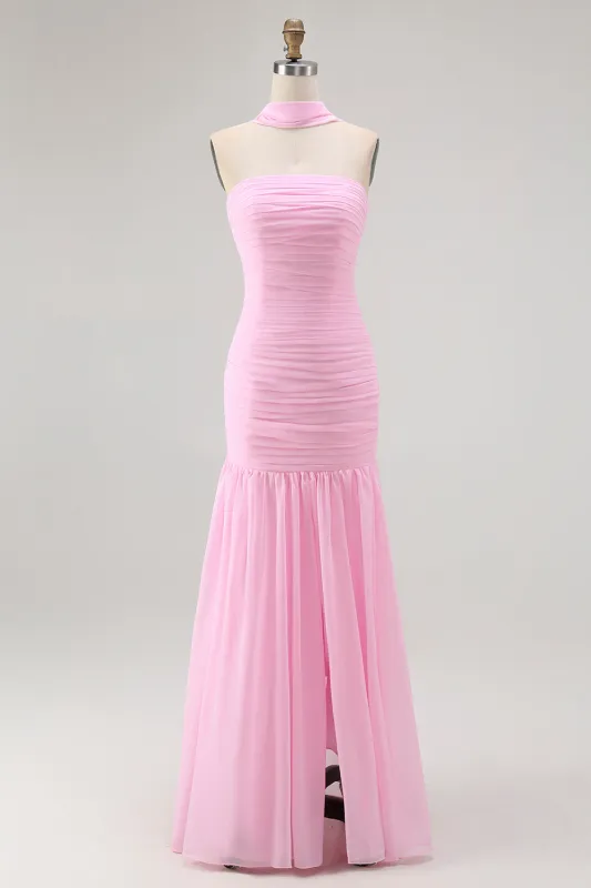 Blush Strapless Ruched Long Bridesmaid Dress with Slit sold by Zapaka