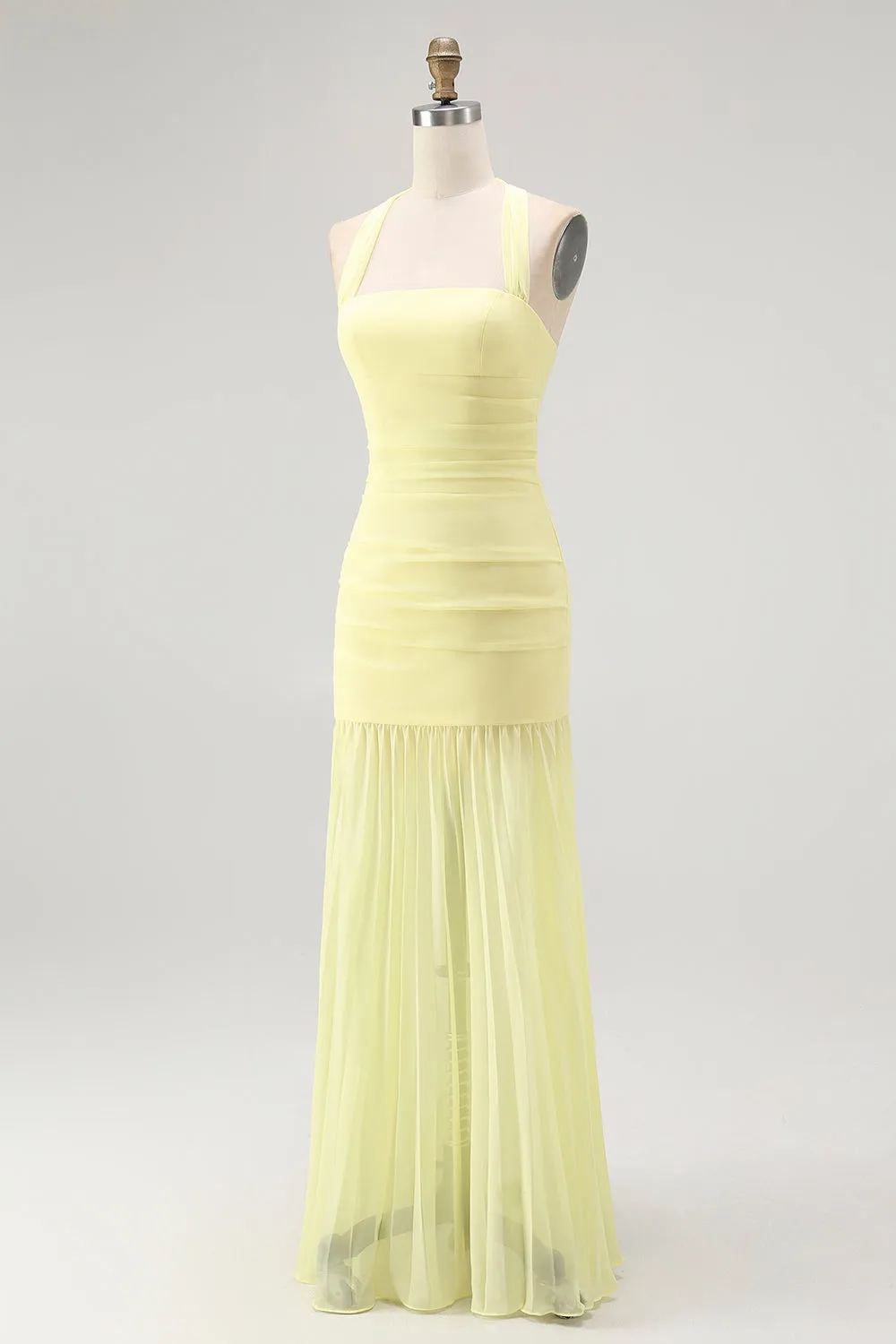 Yellow Halter Sheath Ruched Tie Back Long Bridesmaid Dress sold by Zapaka product image thumbnail 3
