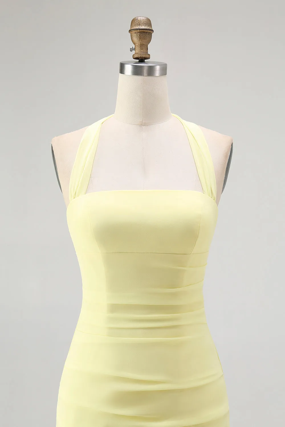 Yellow Halter Sheath Ruched Tie Back Long Bridesmaid Dress sold by Zapaka product image thumbnail 4