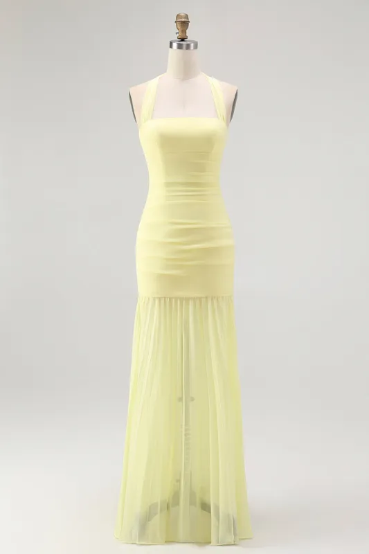 Yellow Halter Sheath Ruched Tie Back Long Bridesmaid Dress sold by Zapaka