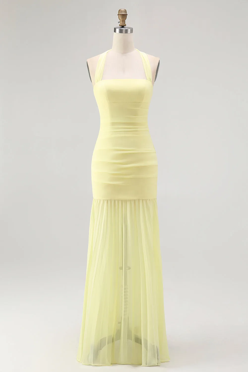 Yellow Halter Sheath Ruched Tie Back Long Bridesmaid Dress sold by Zapaka
