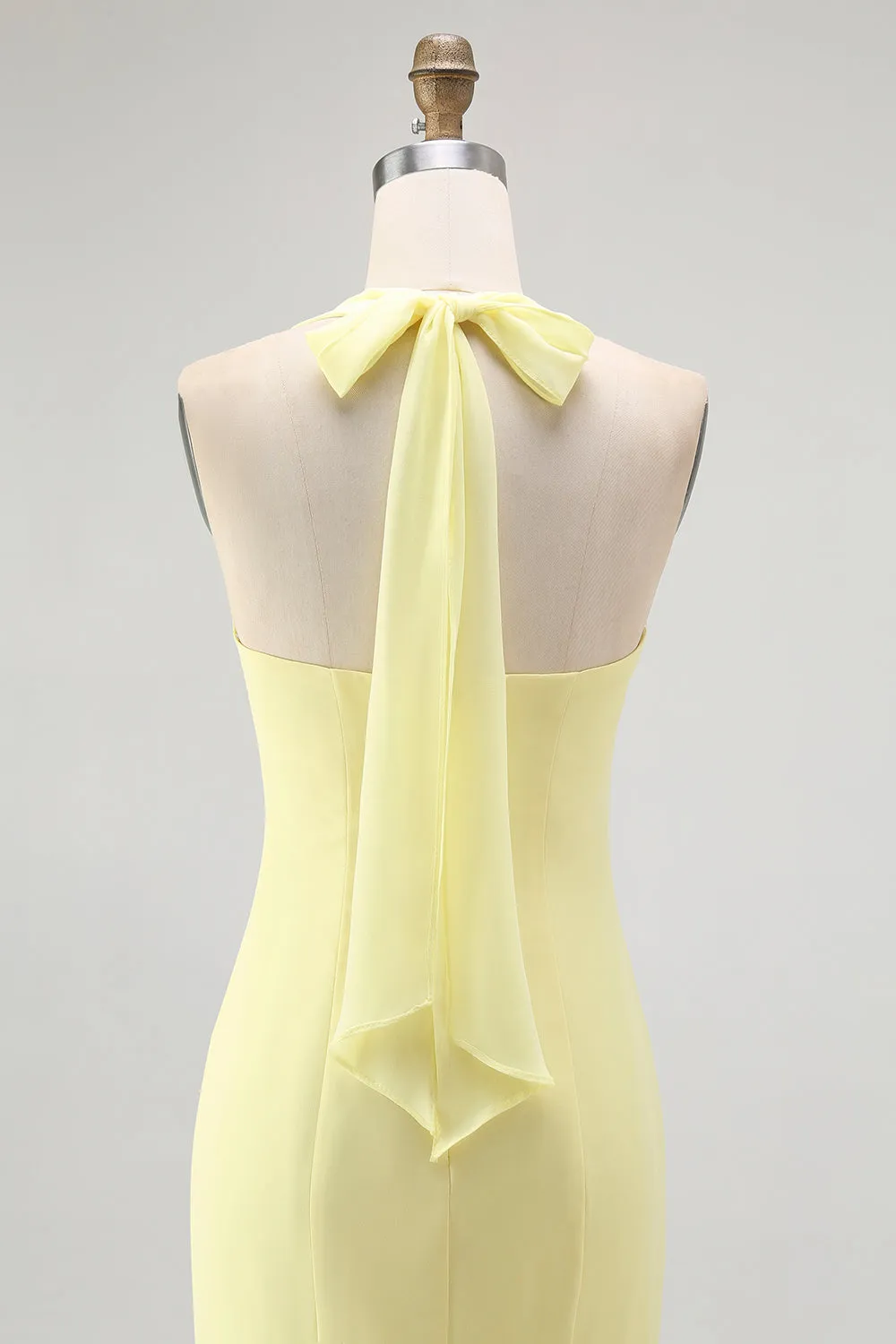 Yellow Halter Sheath Ruched Tie Back Long Bridesmaid Dress sold by Zapaka product image thumbnail 5