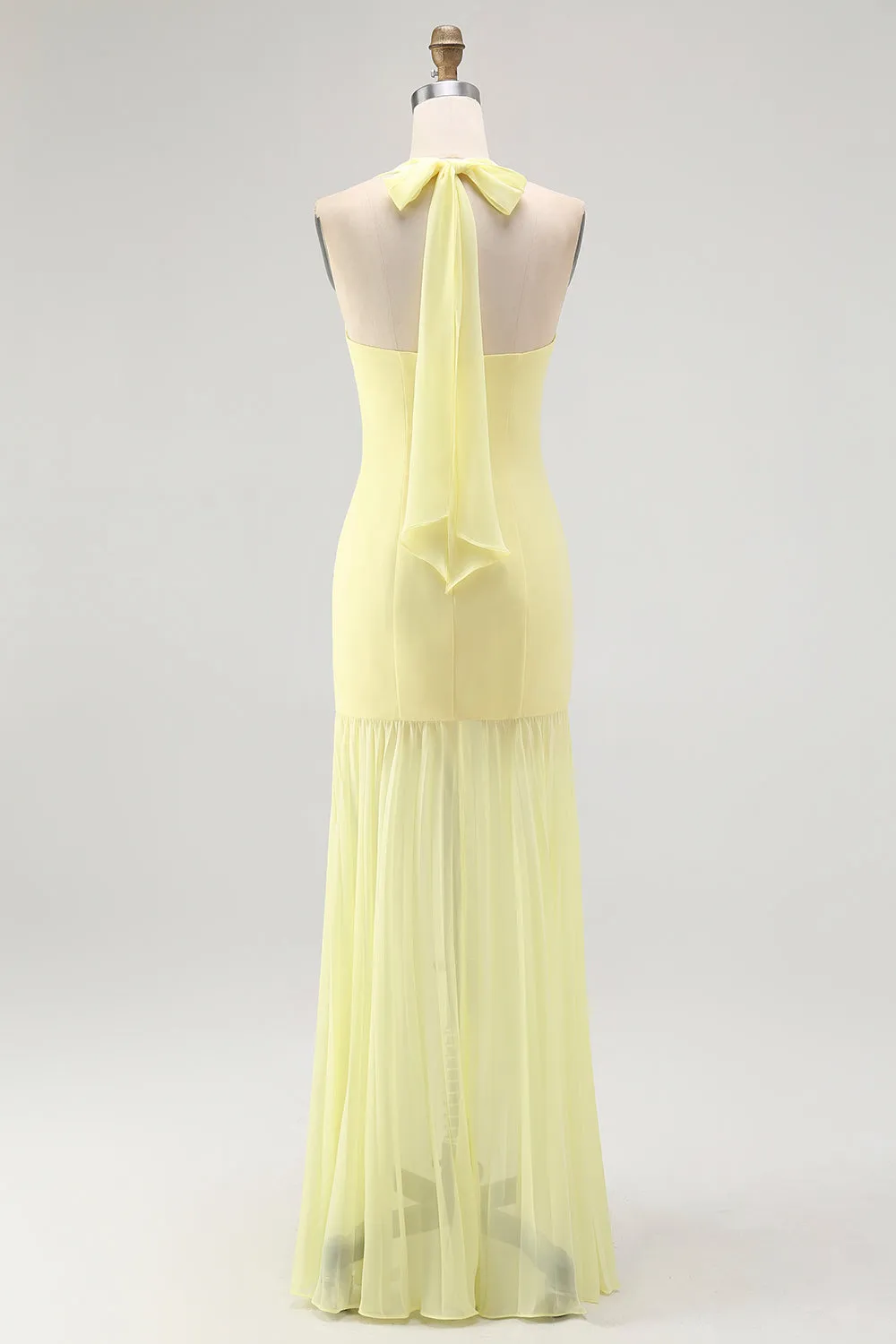 Yellow Halter Sheath Ruched Tie Back Long Bridesmaid Dress sold by Zapaka product image thumbnail 2