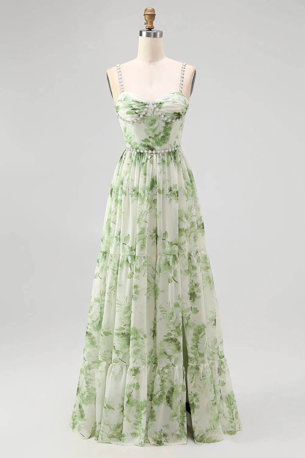 Green Flower A Line Pearl Long Bridesmaid Dress with Lace-up Back sold by Zapaka