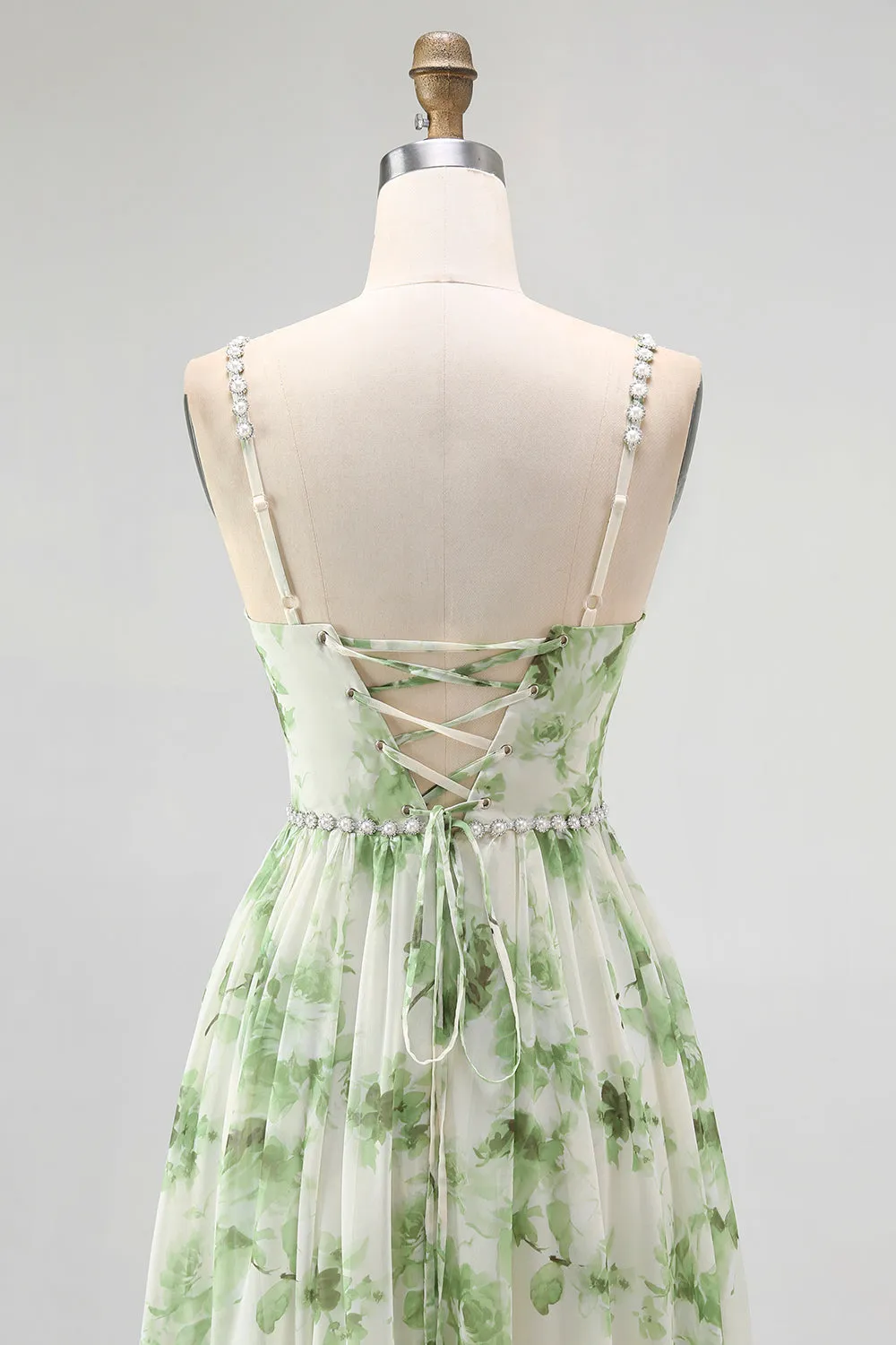 Green Flower A Line Pearl Long Bridesmaid Dress with Lace-up Back sold by Zapaka product image thumbnail 5