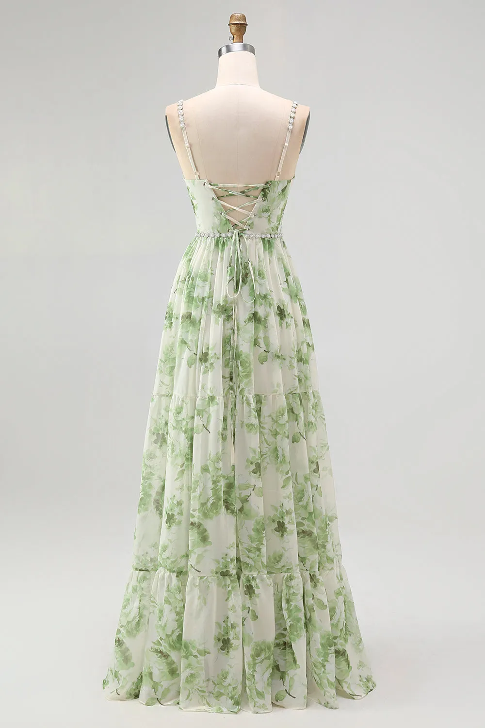 Green Flower A Line Pearl Long Bridesmaid Dress with Lace-up Back sold by Zapaka product image thumbnail 2