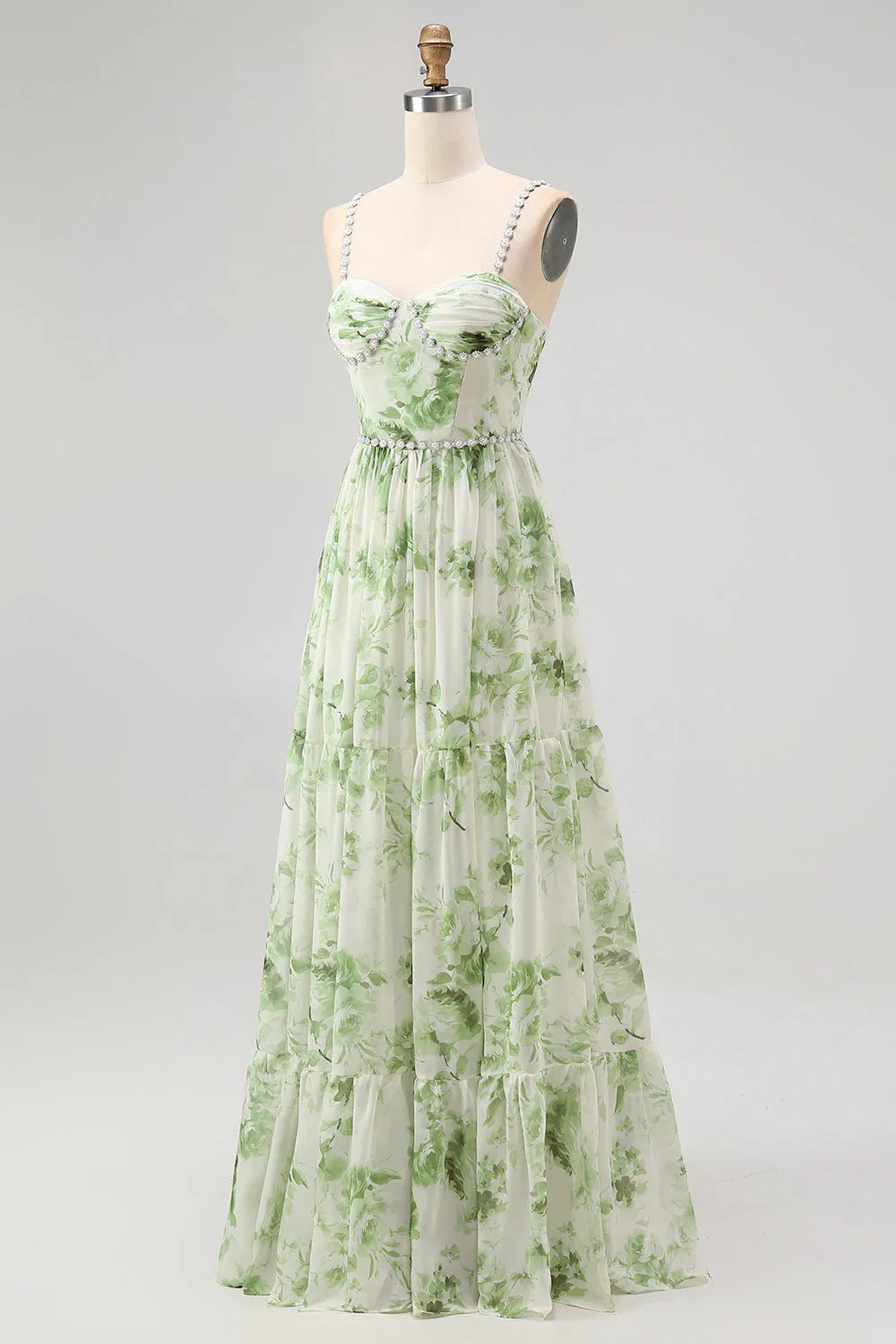 Green Flower A Line Pearl Long Bridesmaid Dress with Lace-up Back sold by Zapaka product image thumbnail 3