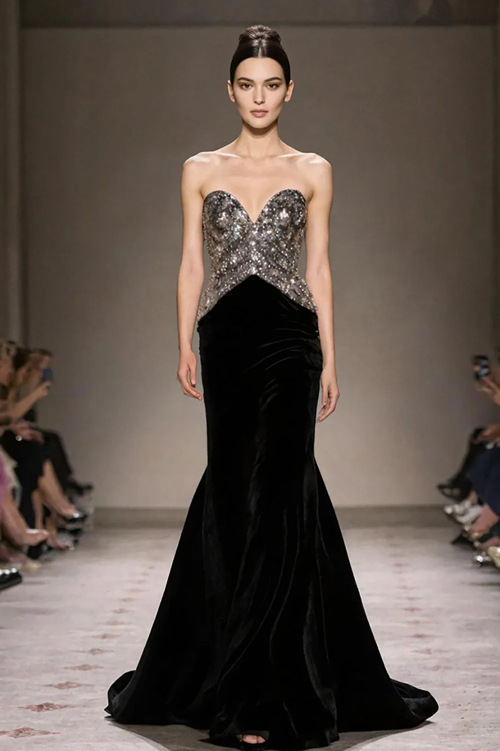 Sparkly Strapless Black Mermaid Velvet Evening Dress sold by Zapaka