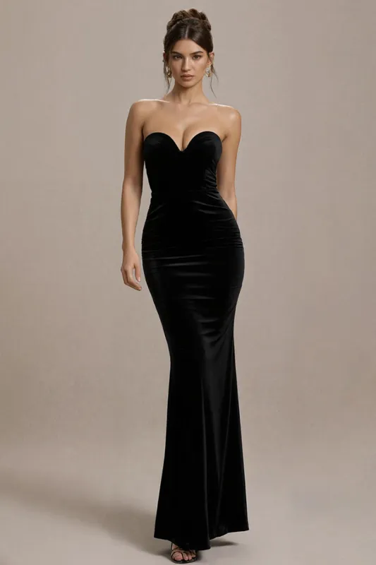 Black Mermaid Strapless Velvet Long Evening Dress made by Zapaka