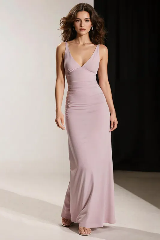 Simple Light Pink Sheath V Neck Long Evening Dress sold by Zapaka