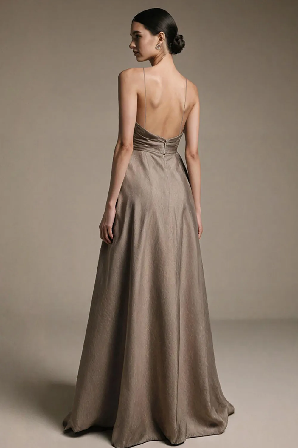 Coffee V Neck A Line Long Evening Dress with Slit sold by Zapaka product image thumbnail 2