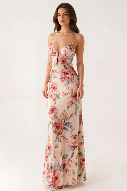 Light Pink Floral V Neck Sheath Long Evening Dress sold by Zapaka
