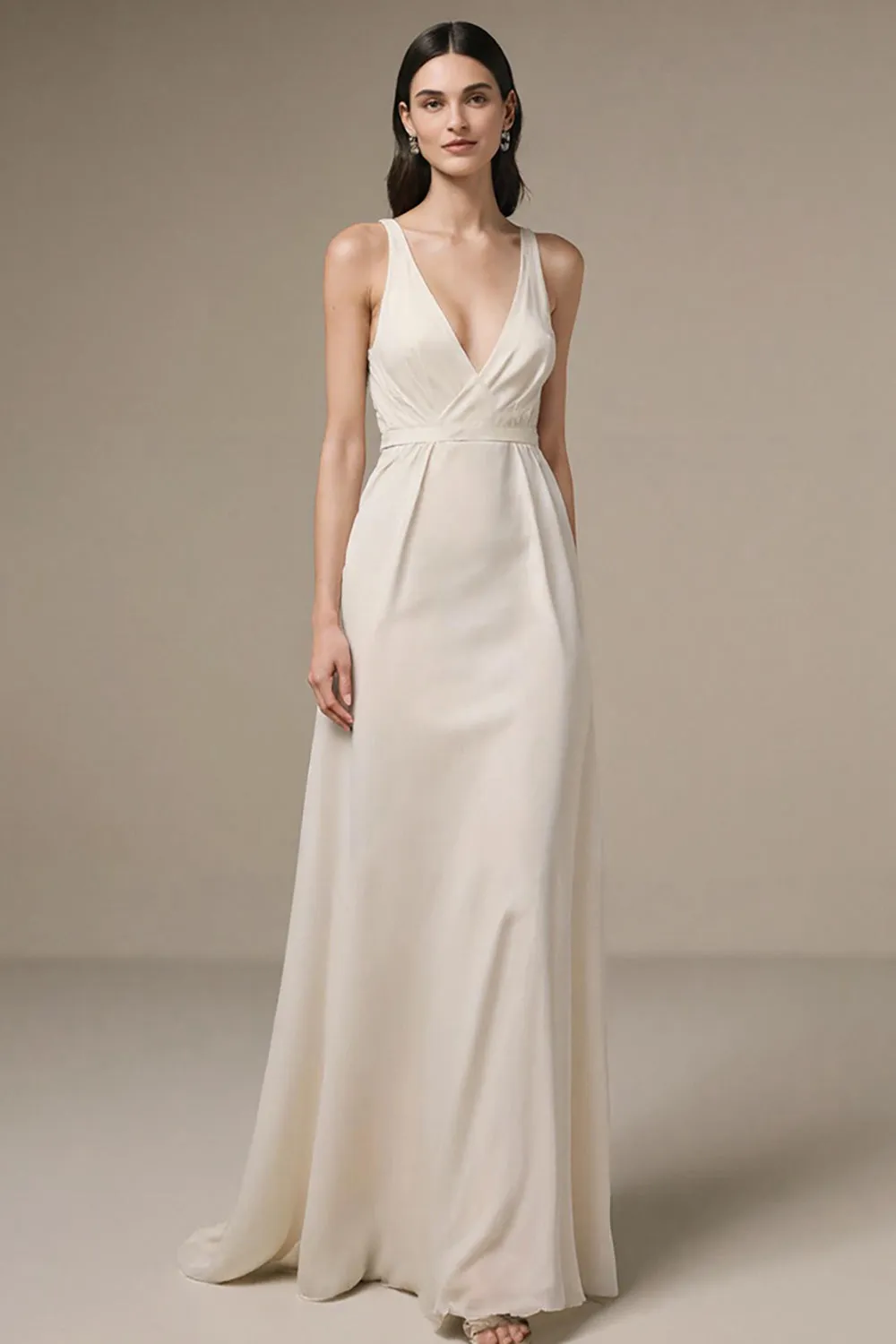 Ivory A Line V Neck Long Evening Dress sold by Zapaka