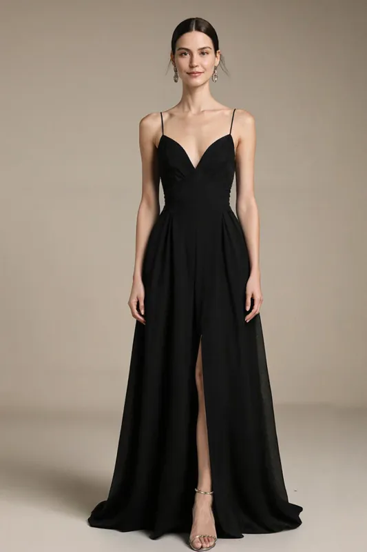 A Line Black V Neck Evening Dress with Slit sold by Zapaka