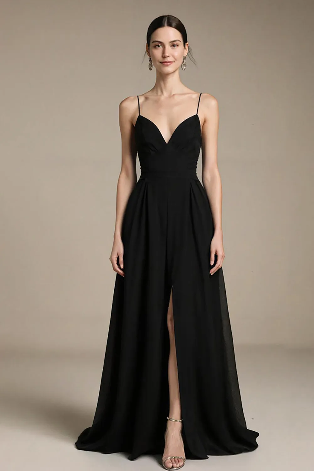 A Line Black V Neck Evening Dress with Slit sold by Zapaka