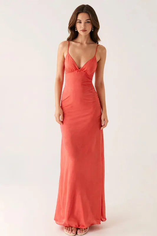 Orange Spaghetti Straps Sheath Evening Dress sold by Zapaka