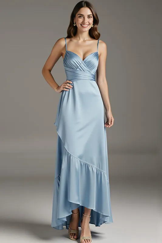 Sky Blue Spaghetti Straps Evening Dress with Ruffles sold by Zapaka