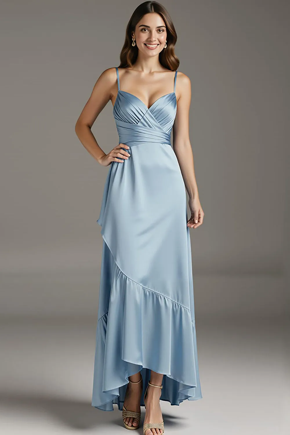 Sky Blue Spaghetti Straps Evening Dress with Ruffles sold by Zapaka