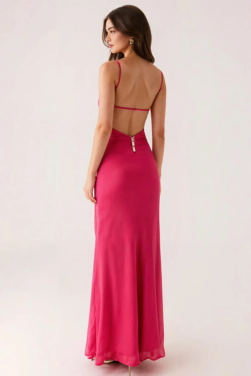 Fuchsia V Neck Sheath Backless Long Evening Dress sold by Zapaka product image thumbnail 2
