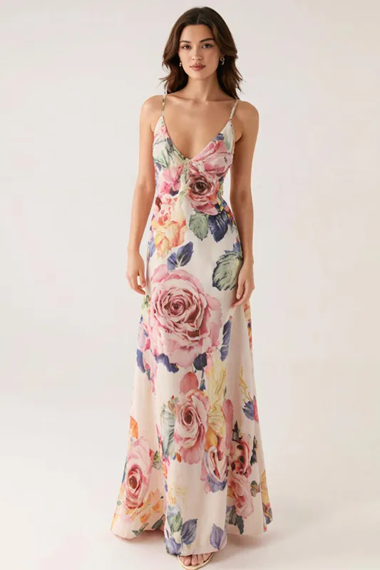 Pink Floral Spaghetti Straps Sheath Evening Dress sold by Zapaka