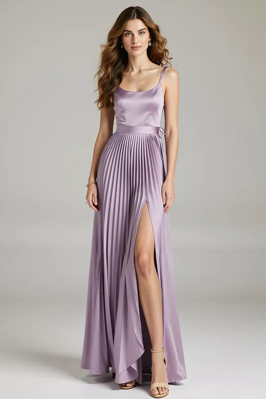 Purple Spaghetti Straps Pleated Satin Evening Dress sold by Zapaka