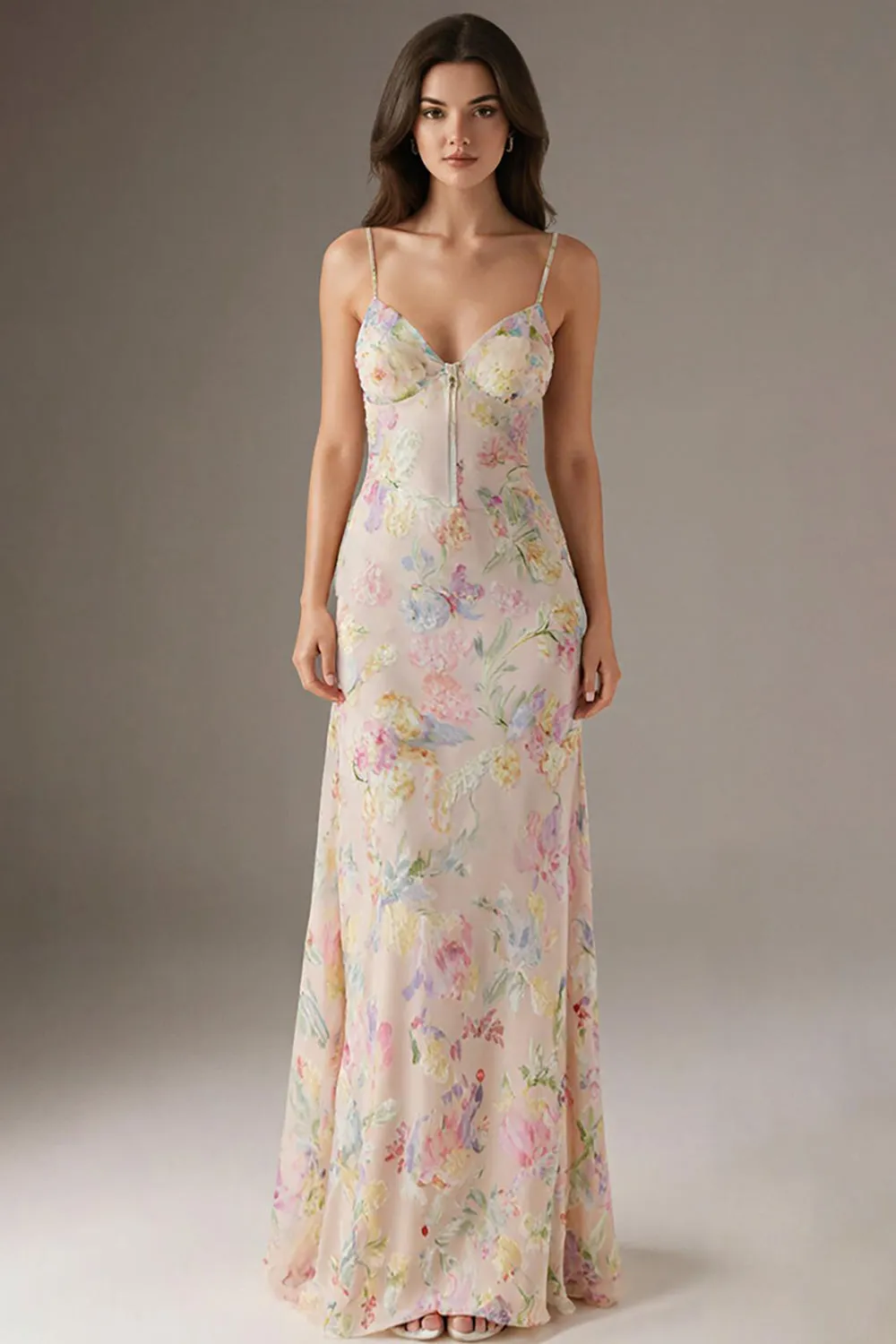 Pink Spaghetti Straps Floral Sheath Evening Dress sold by Zapaka