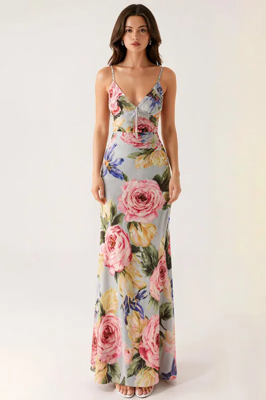 Grey Blue Floral Spaghetti Straps Mermaid Evening Dress sold by Zapaka