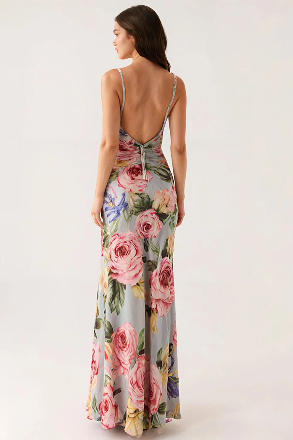 Grey Blue Floral Spaghetti Straps Mermaid Evening Dress sold by Zapaka product image thumbnail 2