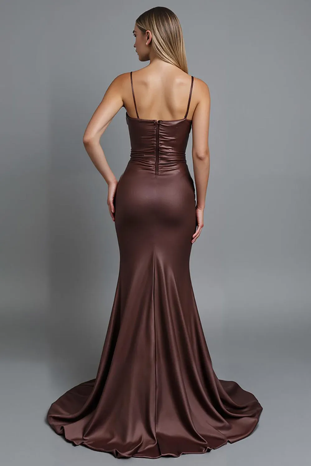 Coffee Satin Ruched Mermaid Spaghetti Straps Long Evening Dress sold by Zapaka product image thumbnail 2