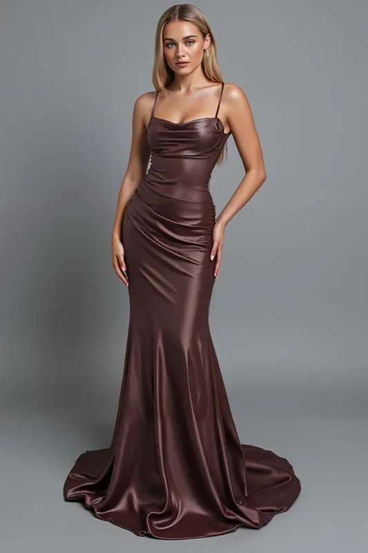 Coffee Satin Ruched Mermaid Spaghetti Straps Long Evening Dress sold by Zapaka