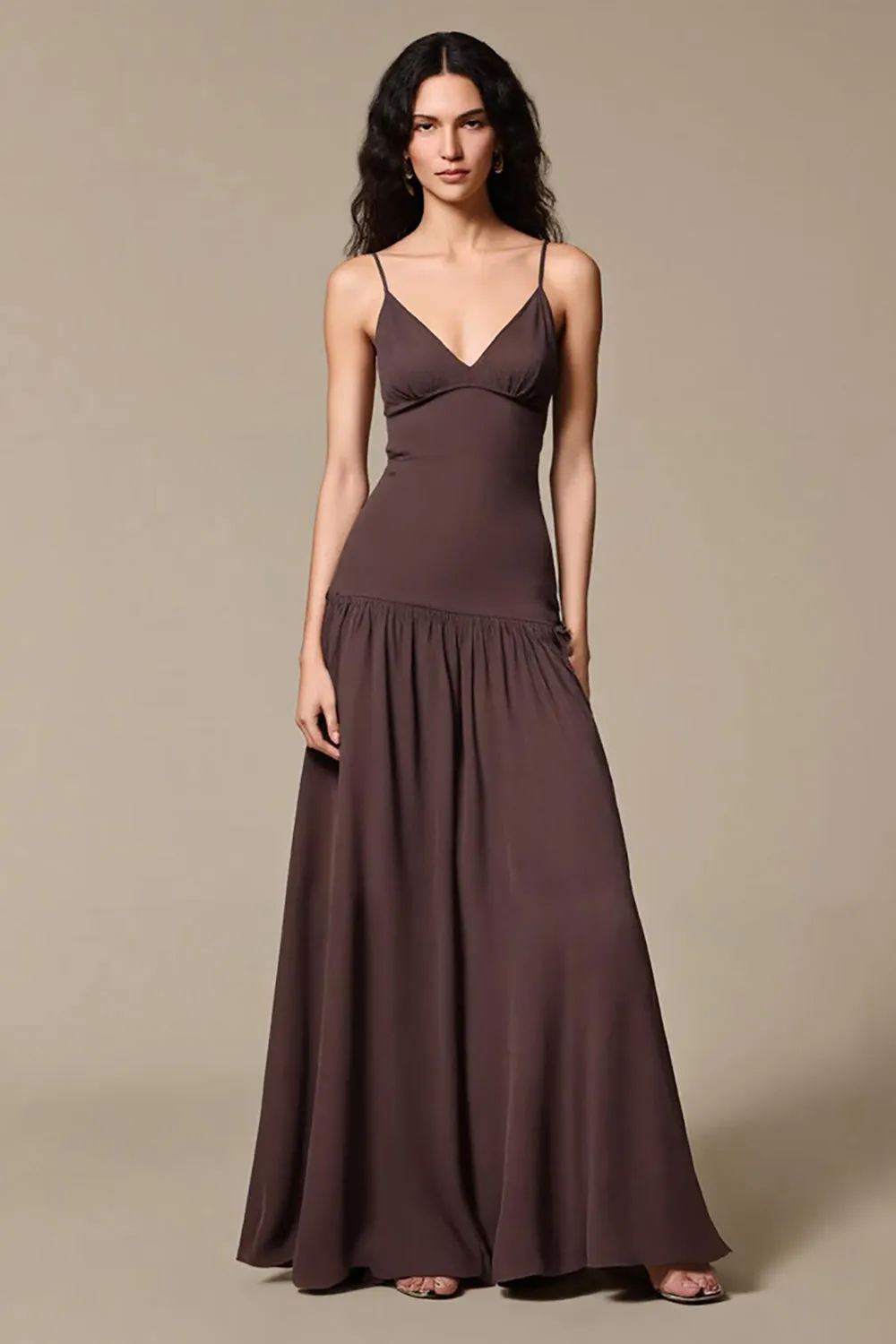 Coffee Chiffon A Line Spaghetti Straps Long Evening Dress sold by Zapaka