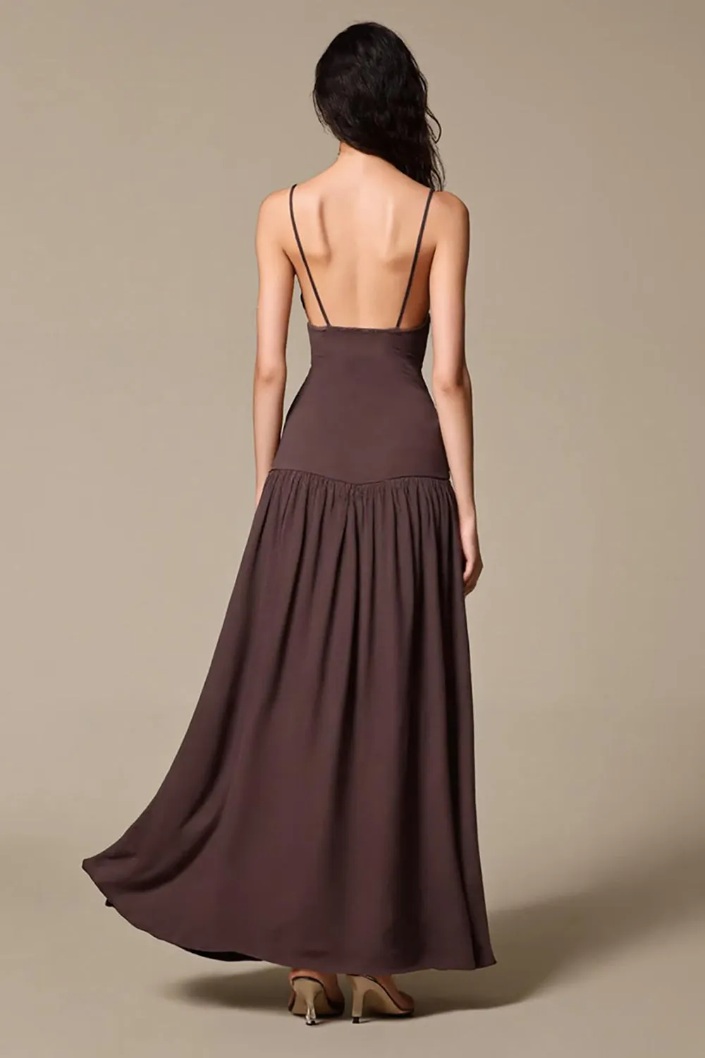 Coffee Chiffon A Line Spaghetti Straps Long Evening Dress sold by Zapaka product image thumbnail 2