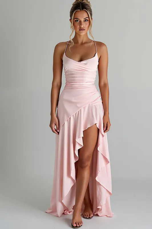 Ruffled High-Low Spaghetti Straps Light Pink Chiffon Evening Dress sold by Zapaka